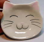 Small dish, tea bag plate, ceramic cat shaped pink white smiling cat