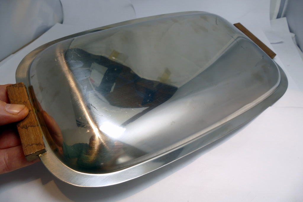 stainless steel rectangle platter serving dish  8X12" w/ wooden handles