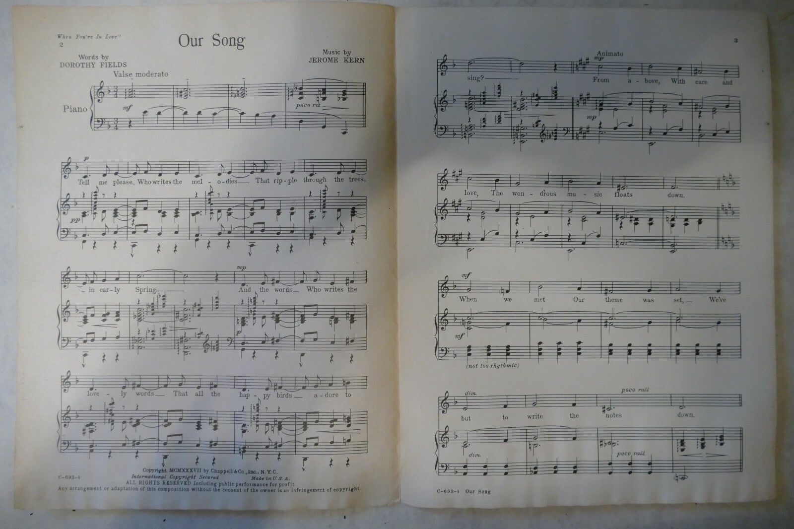 Our Song, 1938, from "When You're In Love" musical, Jerome Kern, Dorothy Fields