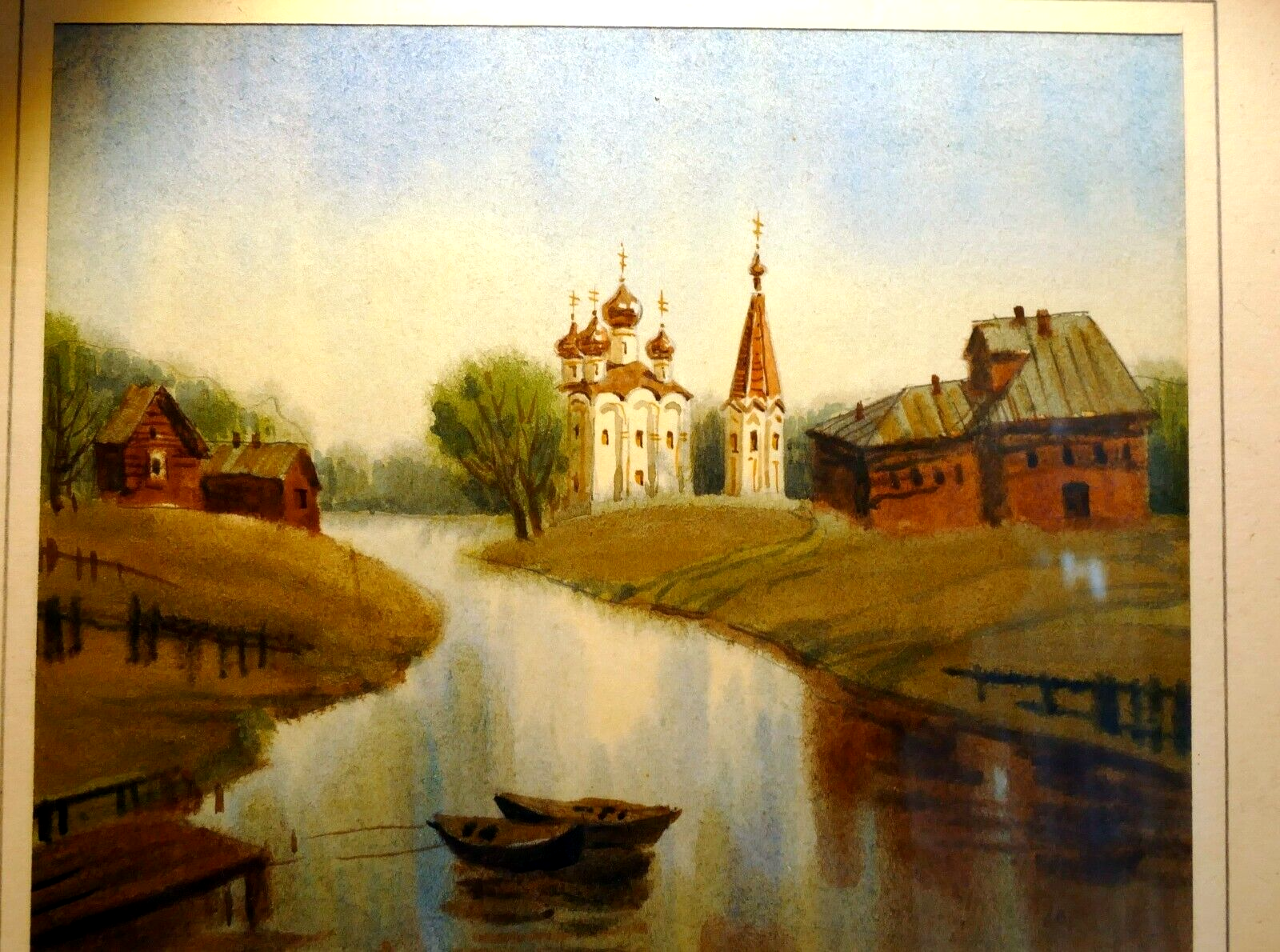 Olga ivleva watercolor signed russia village river church art framed