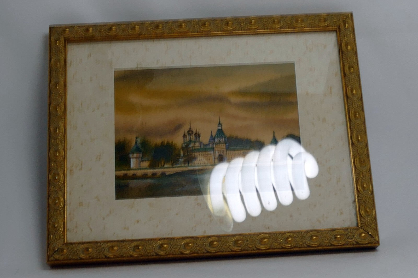 Watercolor Russia village byzantine church Art framed Russia 1990's
