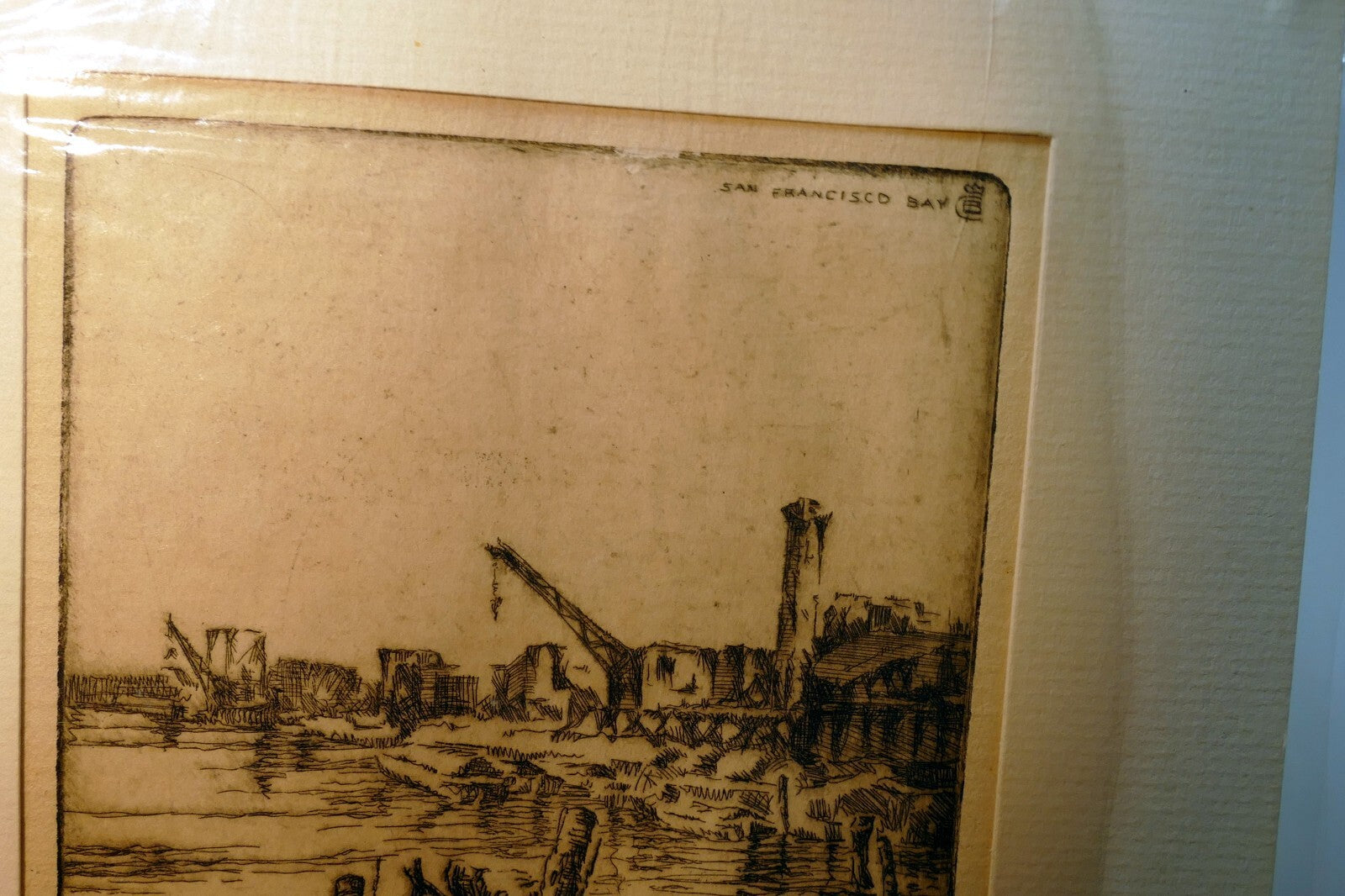 " San Francisco Bay"  Hand Signed Etching 19th century fisherman's wharf 1850's