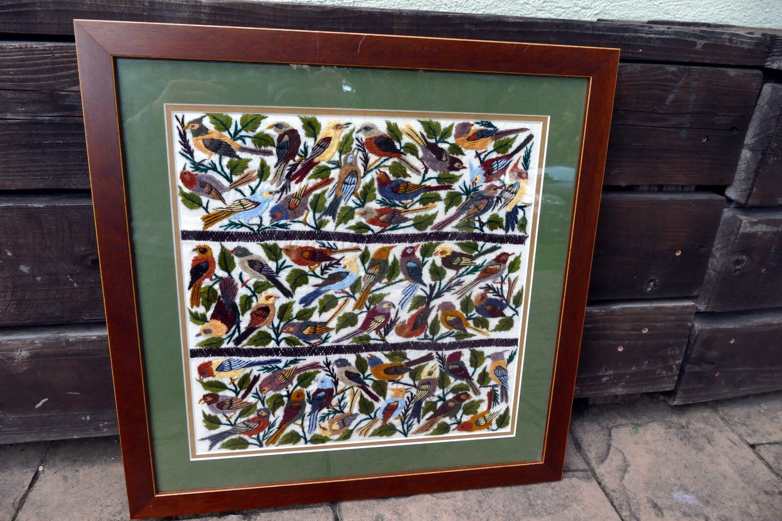 Large Bird Finch Cardinal Cross Stitch Needle Point Folk Art 15X15" Framed