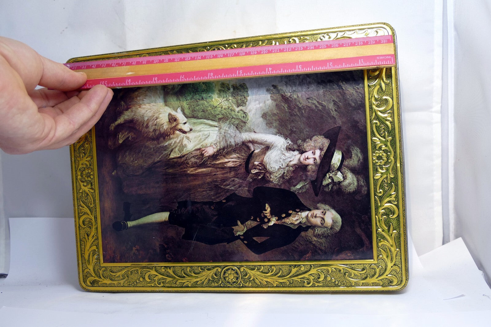 KALAR STRUDEL DECORATIVE TIN VICTORIAN COUPLE WITH DOG WALK 9X12" large