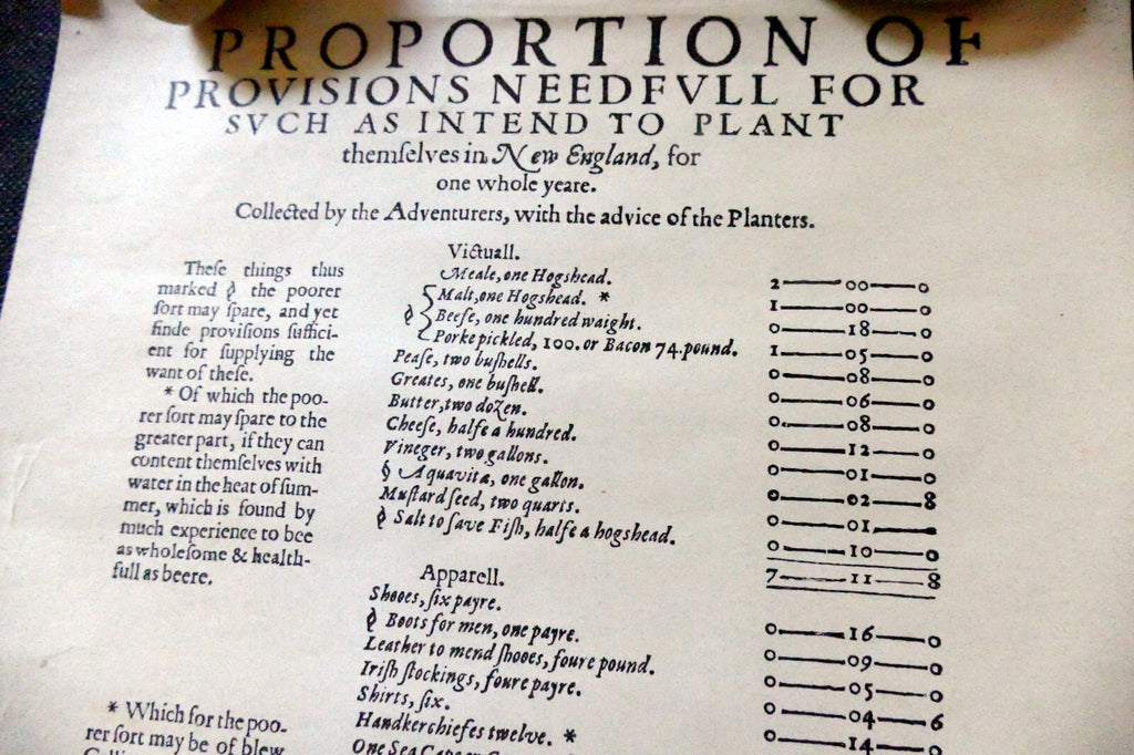 List of Provisions Needfull to Plant New England for a year Poster 1630 reprint