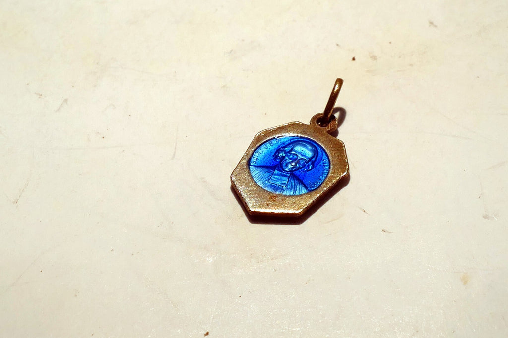 Virgin Mary Christ Pendant Charm Saint J.B. M. Vianney cure d'Ars Blue Enemeled