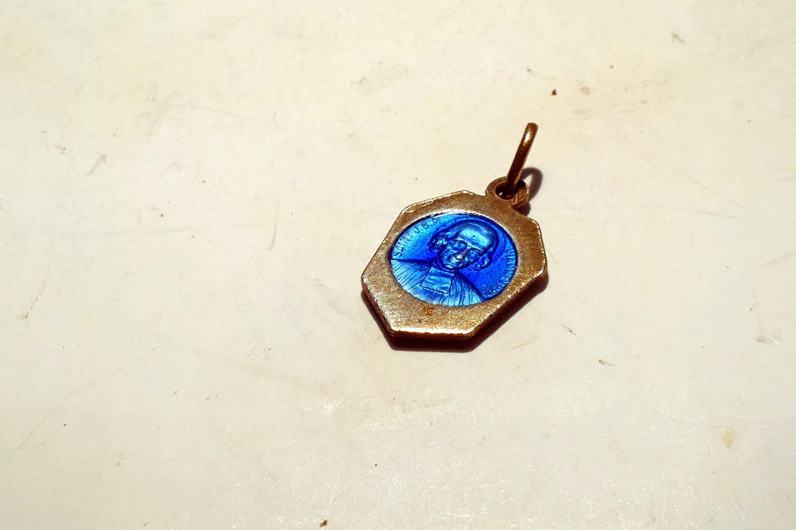 Virgin Mary Christ Pendant Charm Saint J.B. M. Vianney cure d'Ars Blue Enemeled