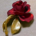 Vintage red rose brooch pin brooch 2" long gold tone leaves