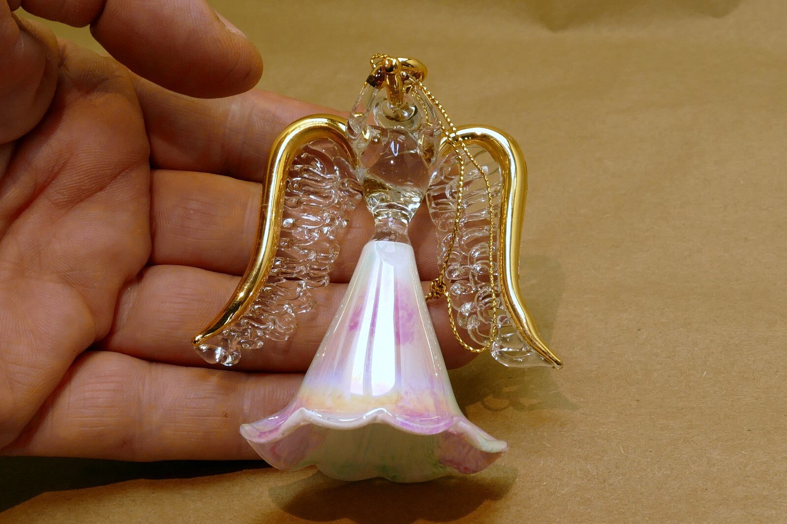 Spun Glass Crystal Christmas Ornament  Angel Gold with trumpet