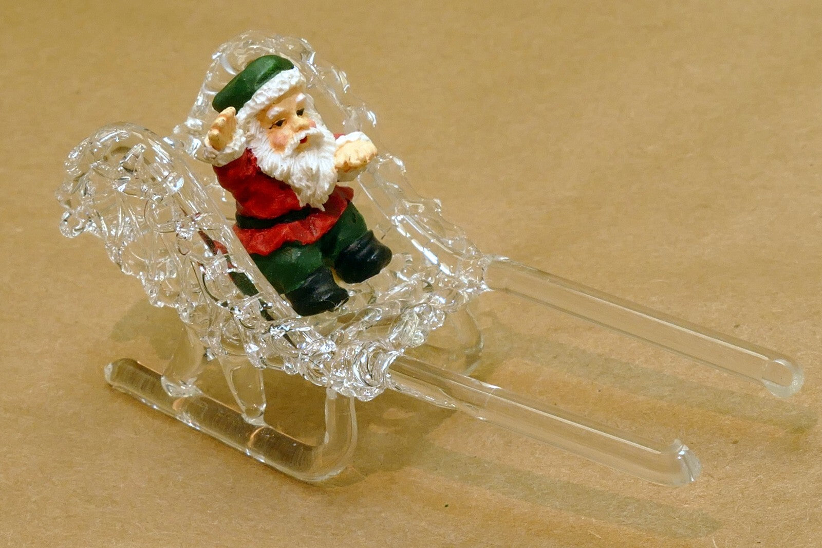 Spun Glass Crystal Christmas Ornament  Sled with Santa Claus (missing dear)