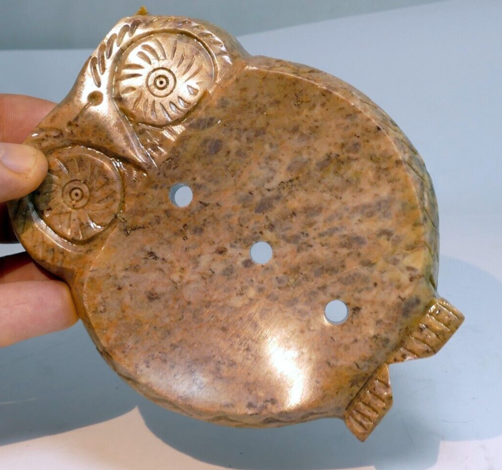 Owl bird soapstone carved trinket dish box 4x5" stone hand carved
