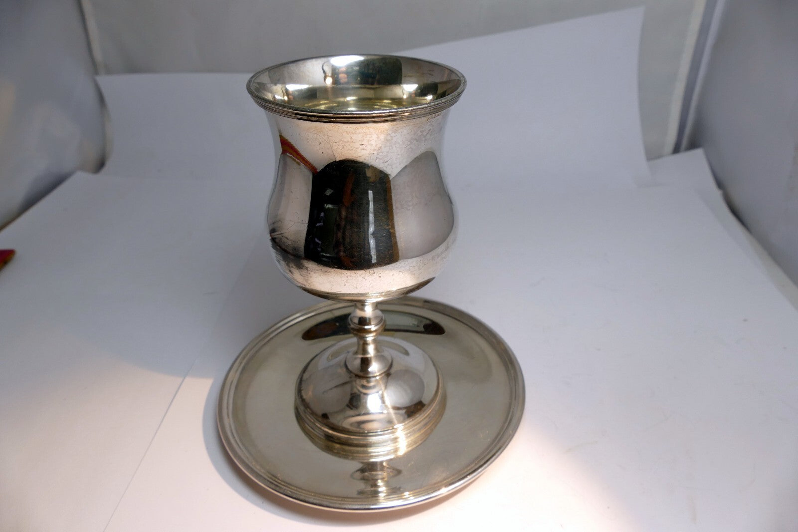 Pewter Goblet by Wallace Bros Silver Co.  V V 52 5.5" tall with plate saucer