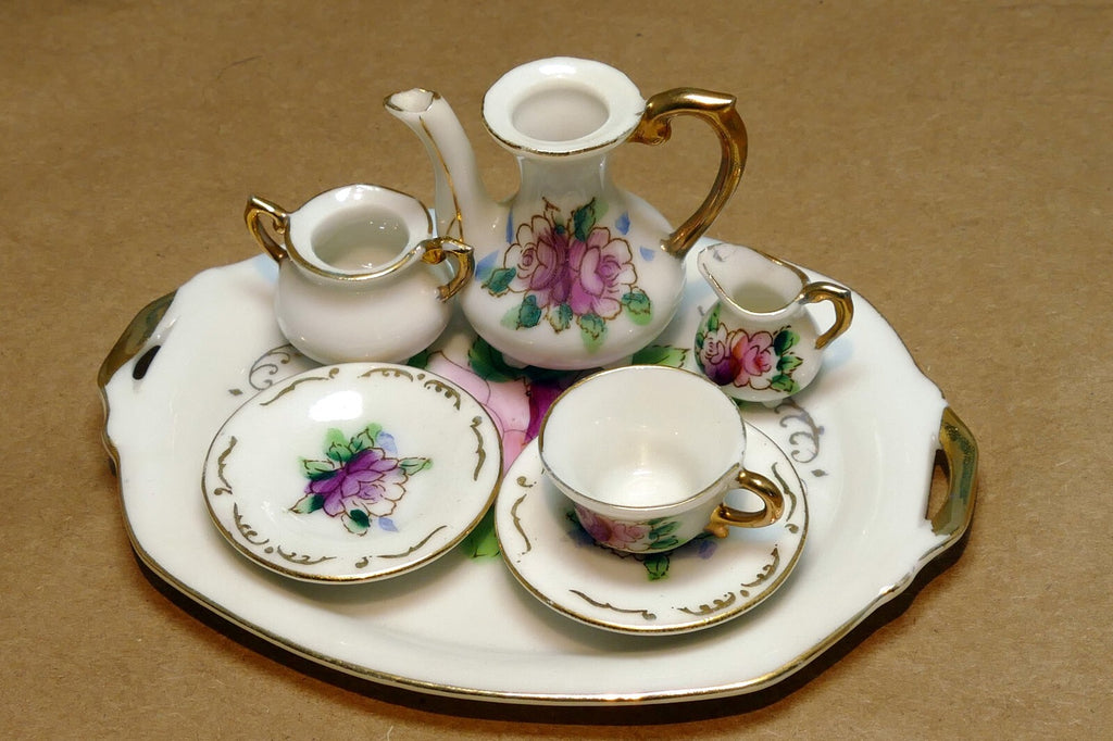 Miniature china violets flowers porcelain tea set japan 7x11cm floral design