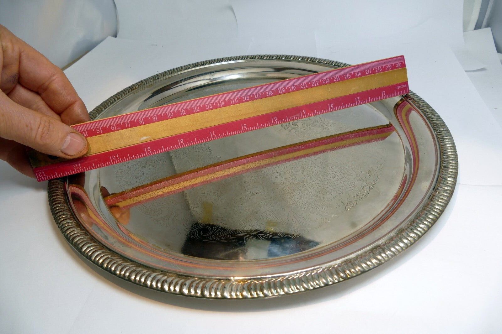 12" Silverplate Round Etched Serving Tray Food Platter Plate Silver Plated Plate