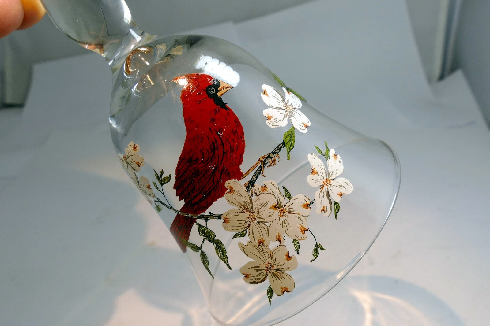Art Glass Bell Glass Northern Cardinal &white Blossoms 6" Hand Painted Decor