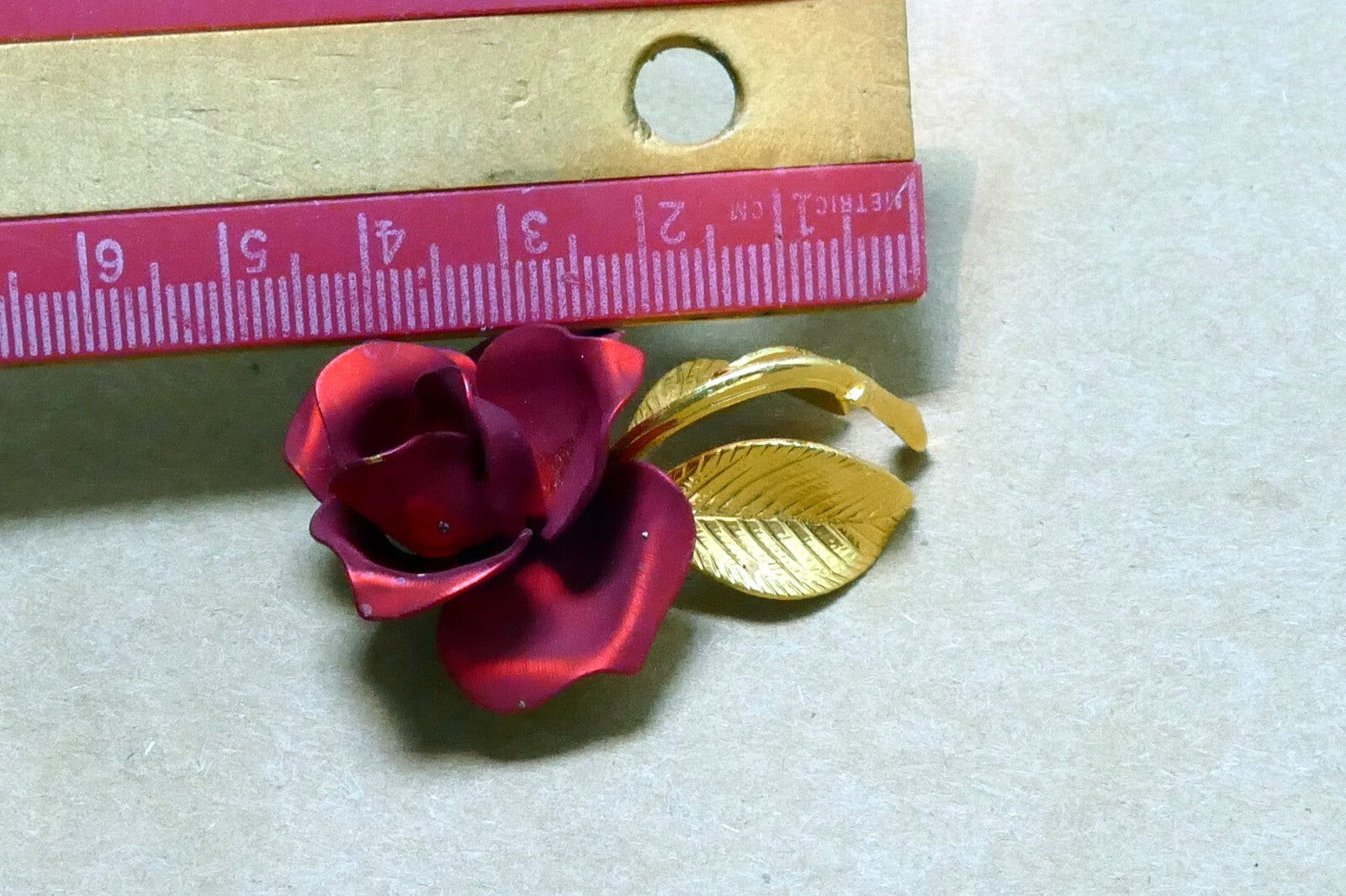 Vintage RED Rose Brooch Pin Brooch 2" long gold tone leaves