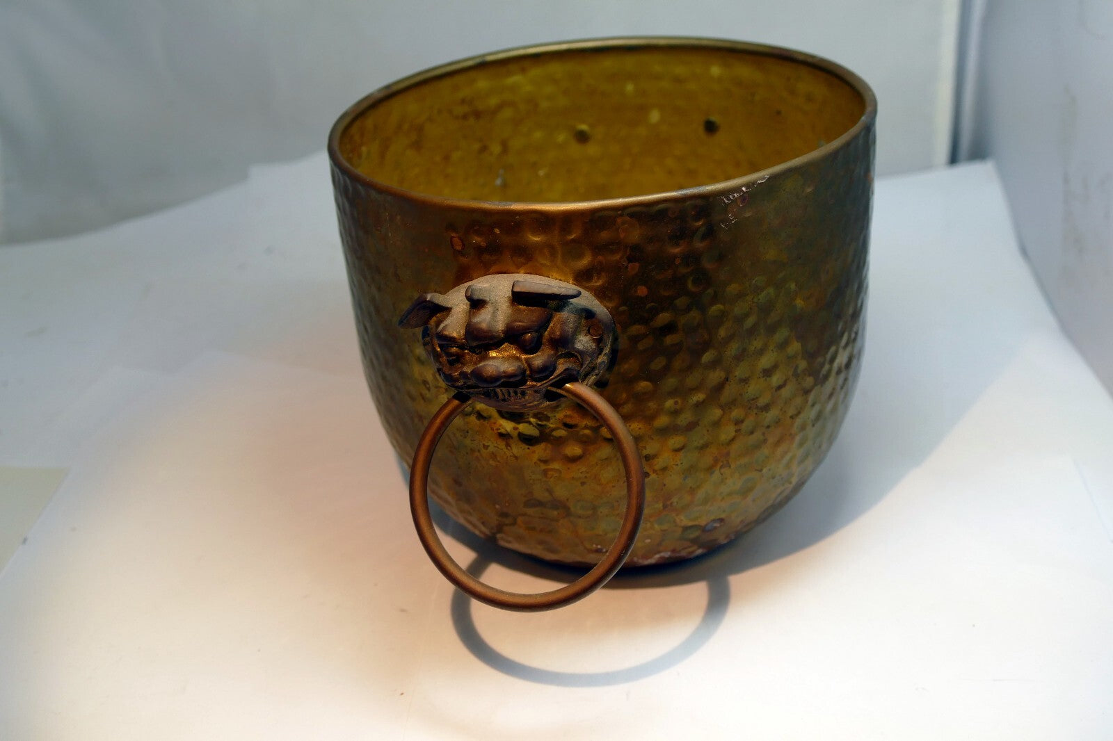 Brass Gold Colored Spittoon Hong Kong Lion 5.5" Hand Hammered Fu Dogs Head
