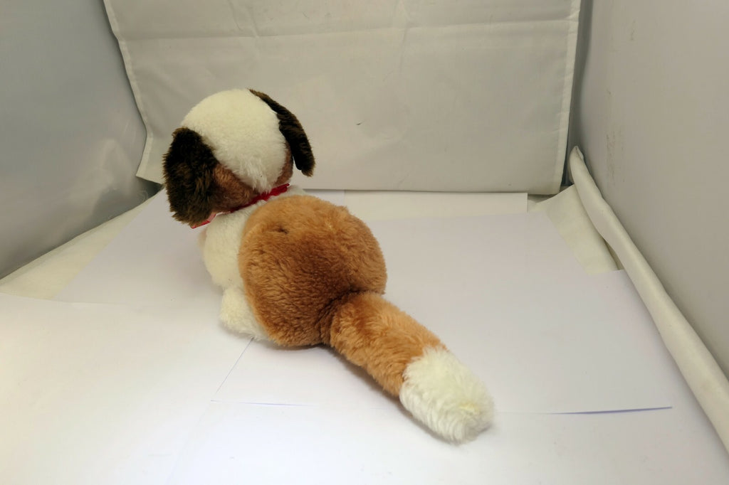 Soft Plush Stuffed Dog 9" brown white red bow vintage Christmas 11"