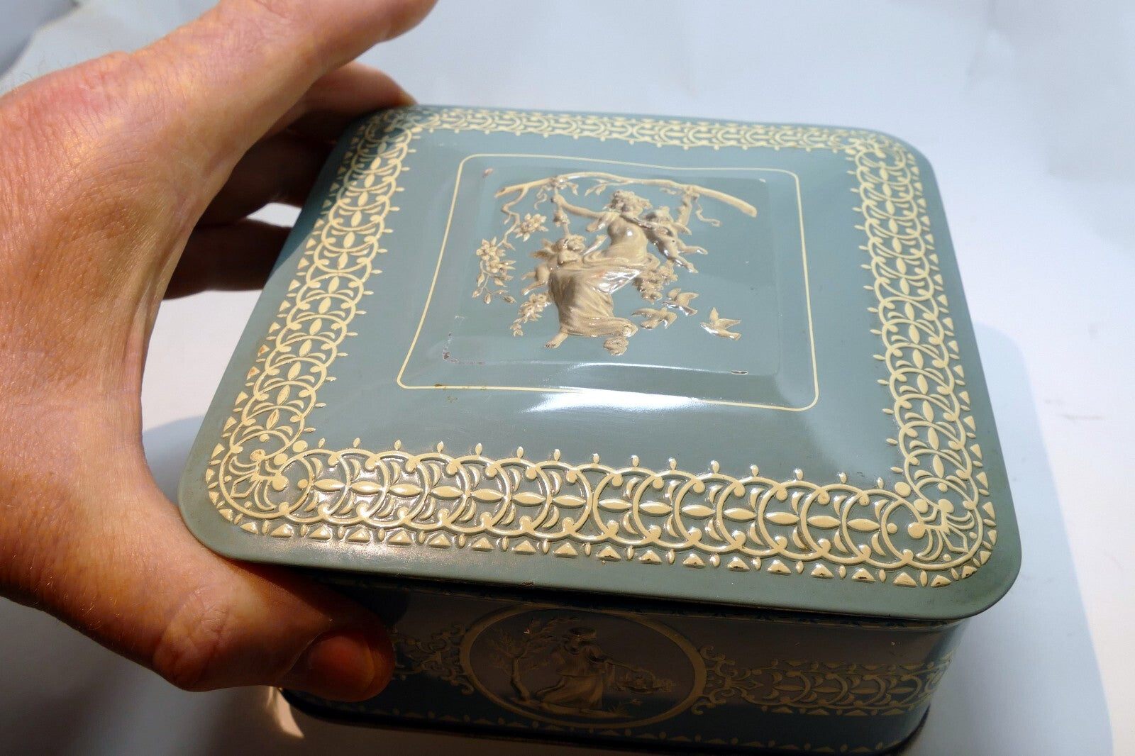 Wedgewood-Style Candy Tin Made in Holland blue teal white  girl with cherubs