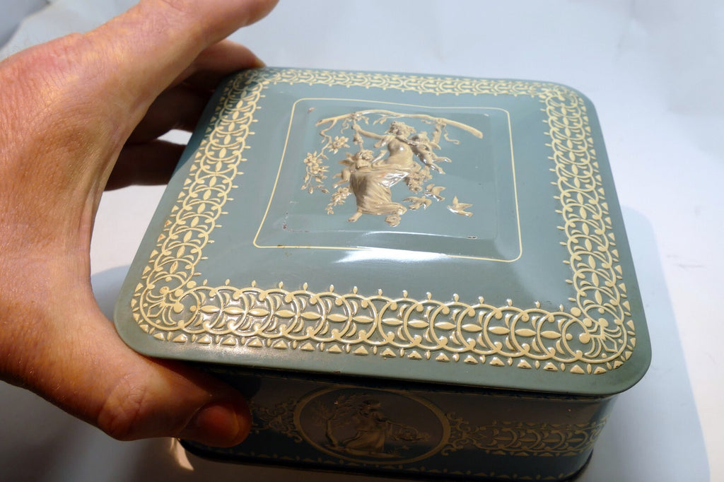 Wedgewood-Style Candy Tin Made in Holland blue teal white  girl with cherubs
