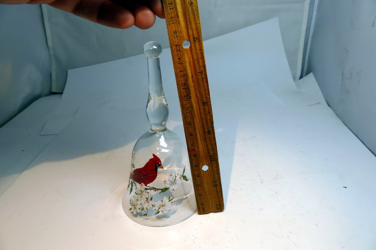 Art Glass Bell Glass Northern Cardinal &white Blossoms 6" Hand Painted Decor