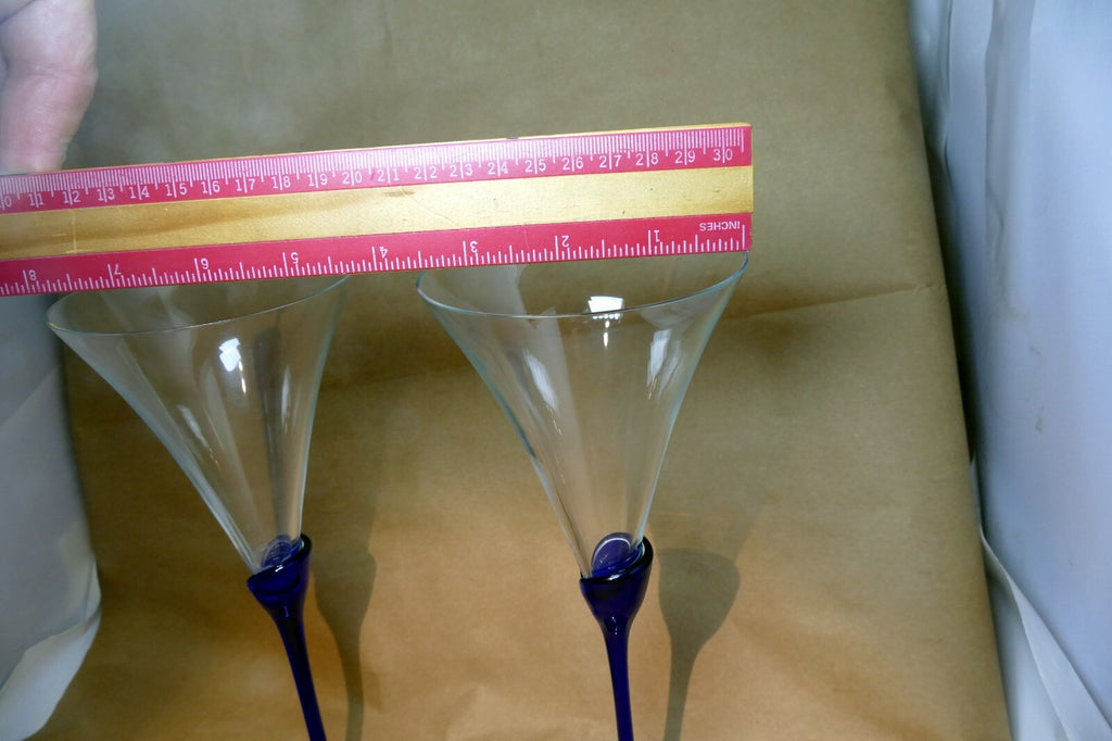2 COLONY Glasses Flutes Wine Champagne Amaryllis Stem Cobalt Blue 9.6" tall set
