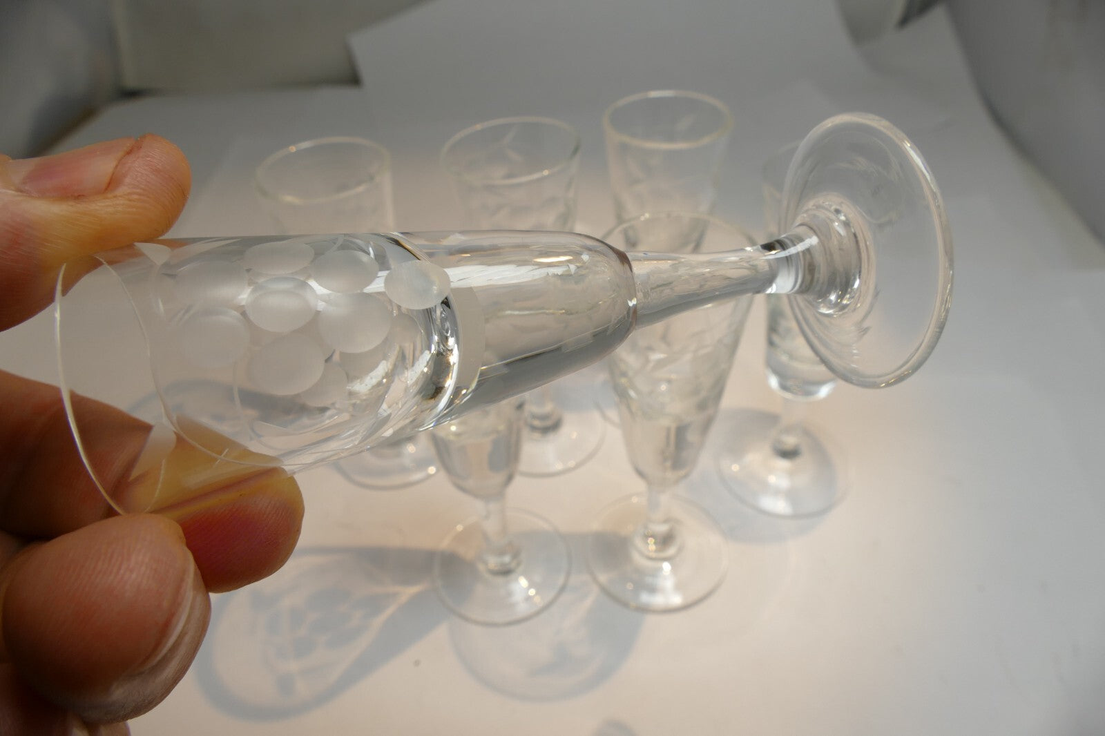 Lot of 7 Clear Crystal Goblets Cut Grape Ridges 1 oz Footed  Goblet small  set