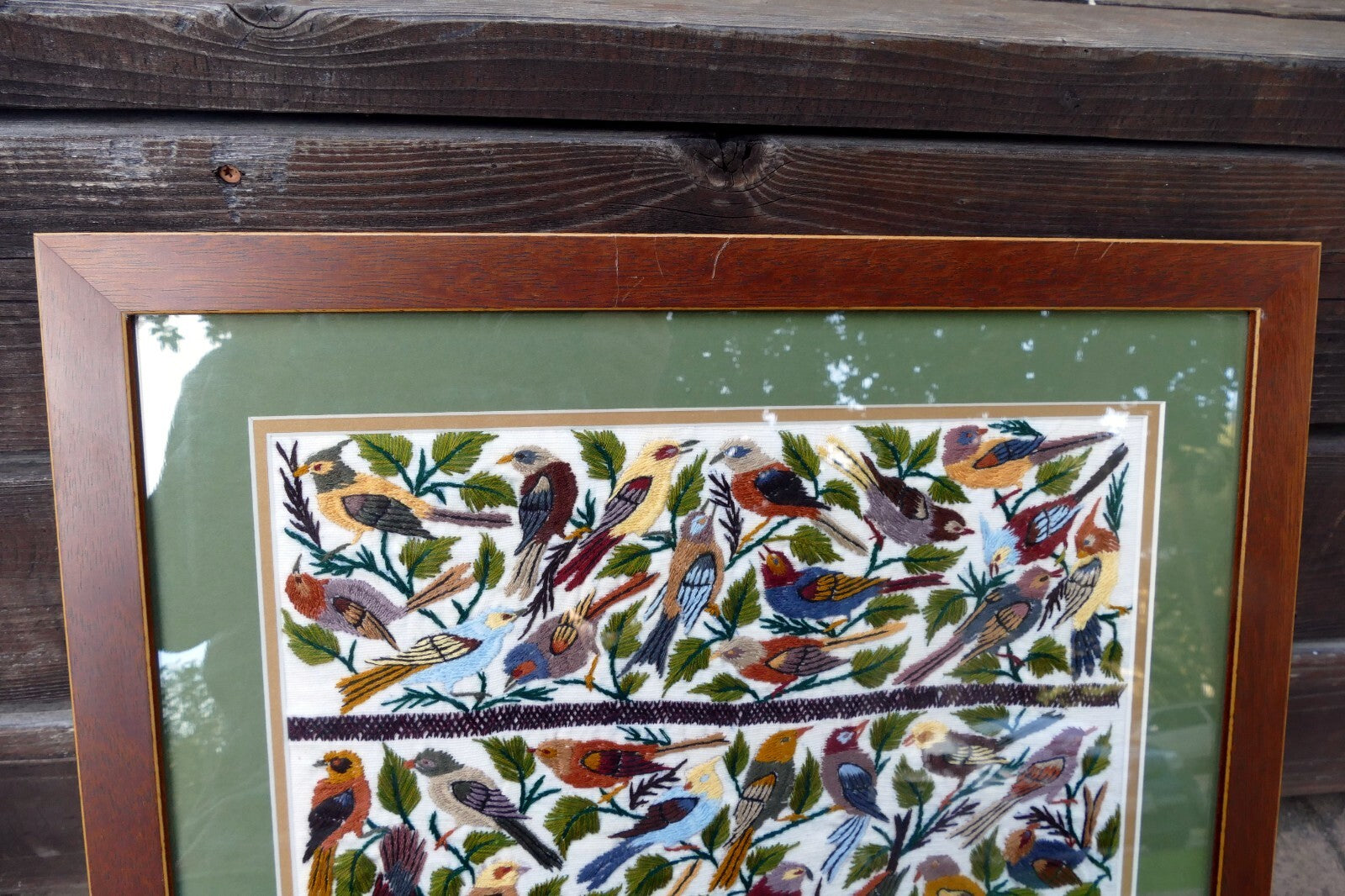 Large Bird Finch Cardinal Cross Stitch Needle Point Folk Art 15X15" Framed