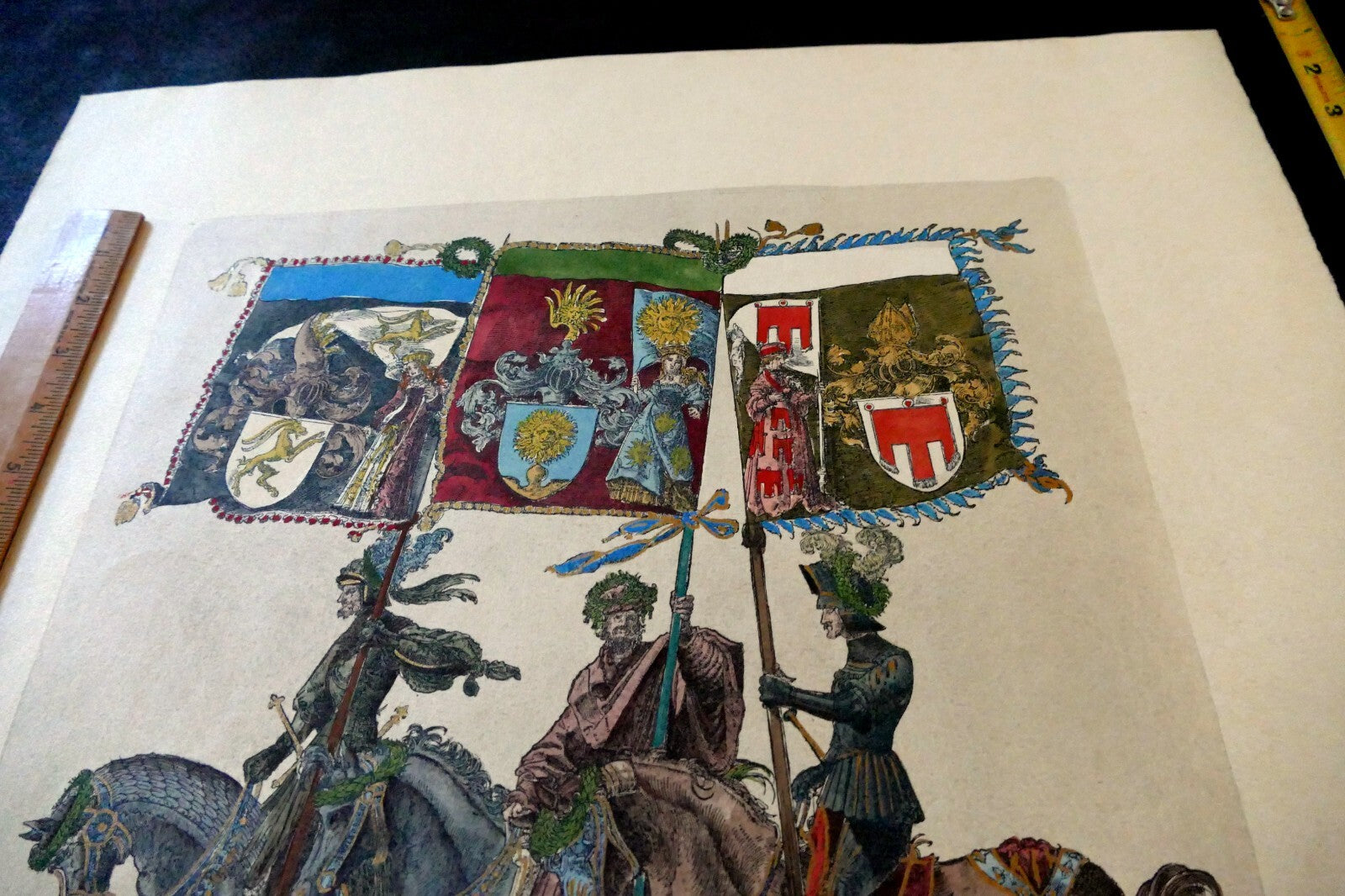 KNIGHT Flag Bearer HAND COLORED ENGRAVING large 21X24"