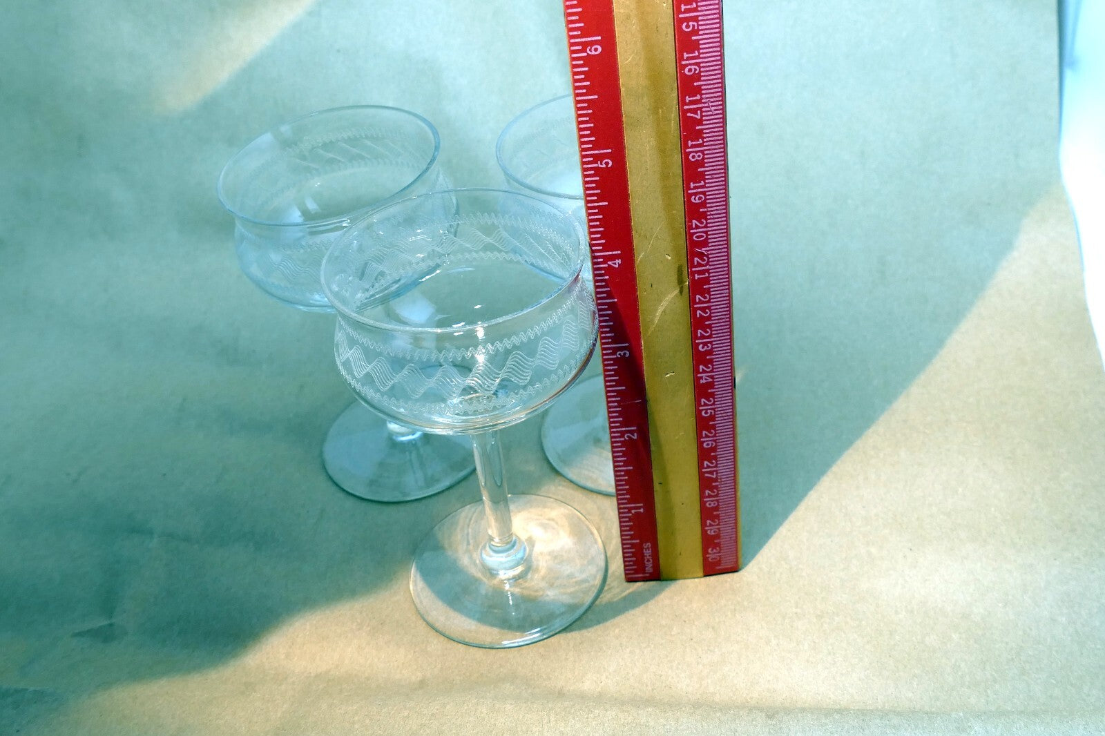 Set of 3 Fostoria Wave Needle Etched 4 1/3" Handled Goblets Cordial crystal lot