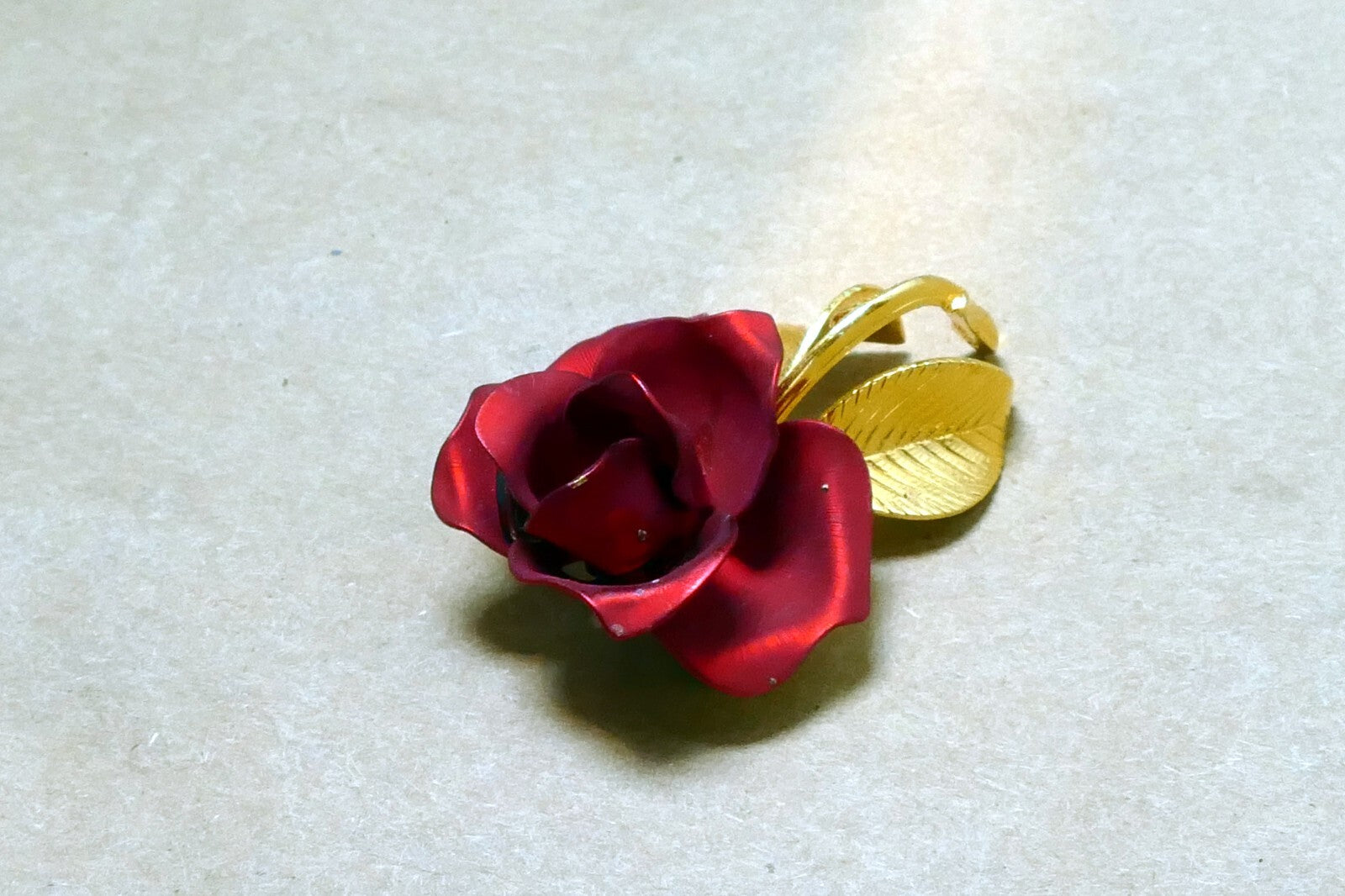 Vintage RED Rose Brooch Pin Brooch 2" long gold tone leaves