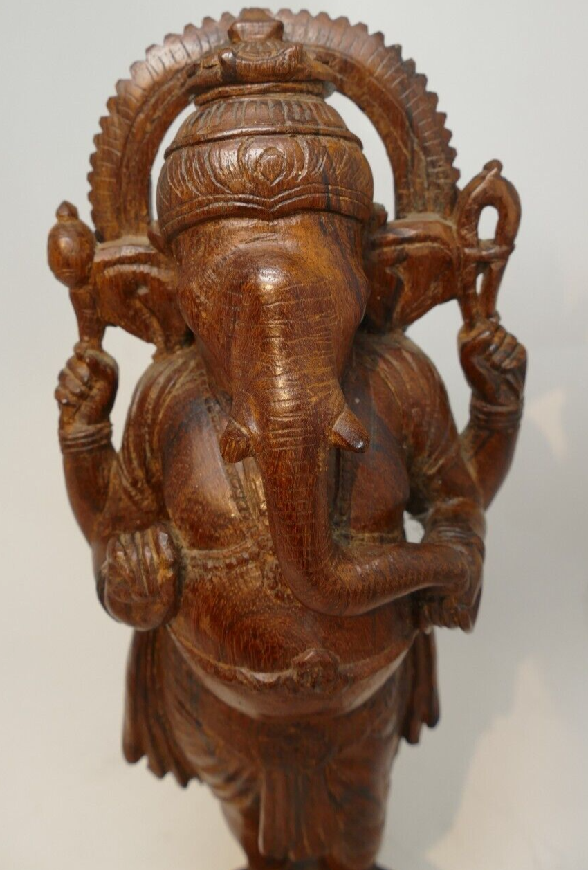 Antique ganesh hand carved wooden hindu indian figurine statue