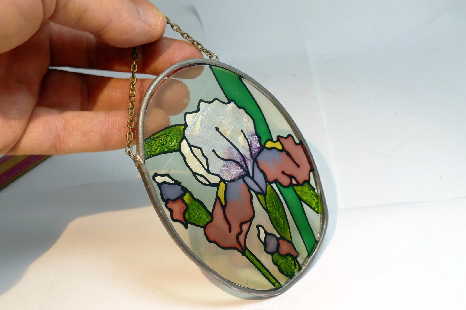 Garden Iris Flowers Stained Glass Suncatcher 5" Oval hanging sun catcher