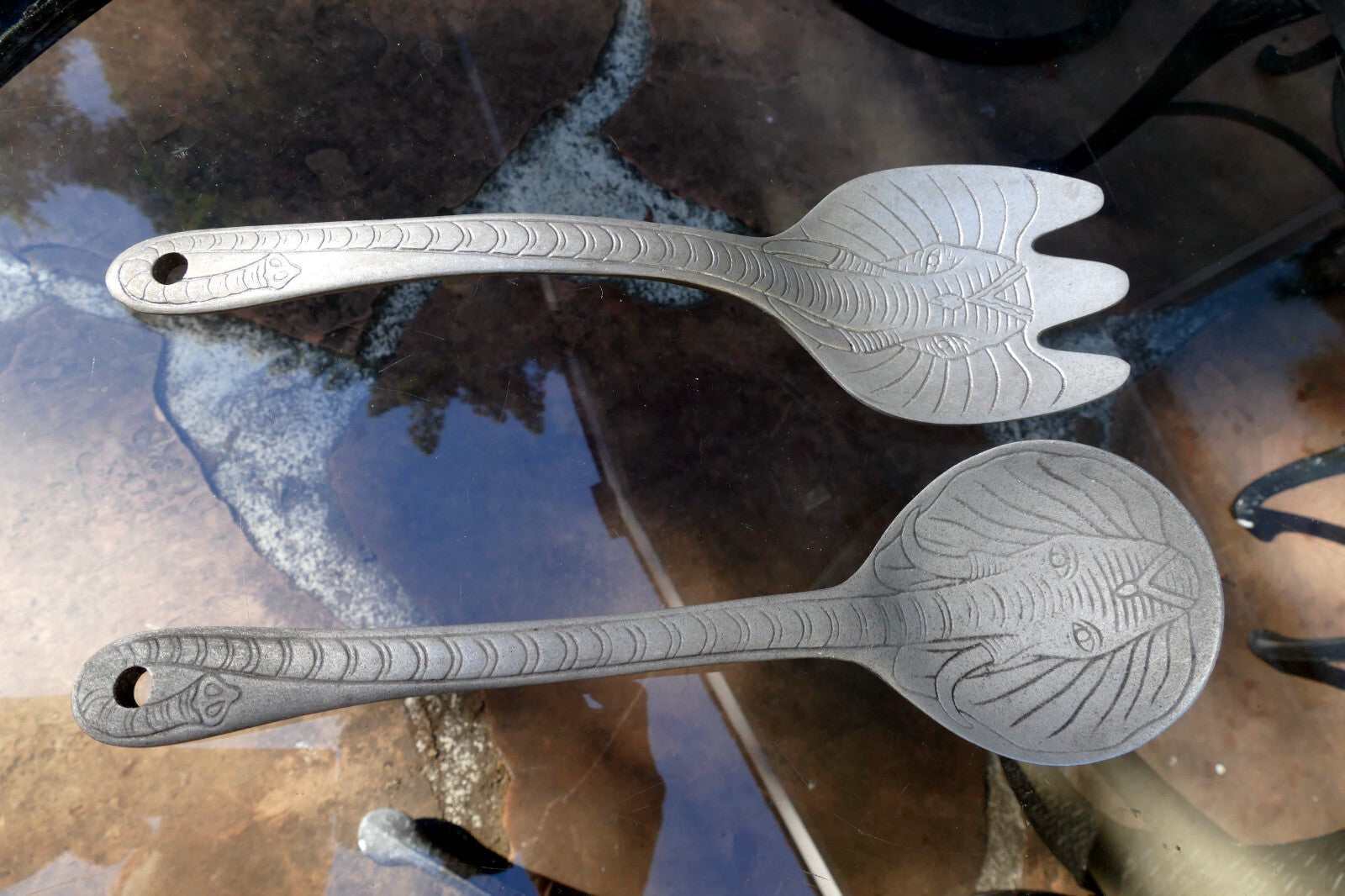 Arthur Court Aluminum Elephants Animal Serving Salad Fork & Spoon Set 11" set