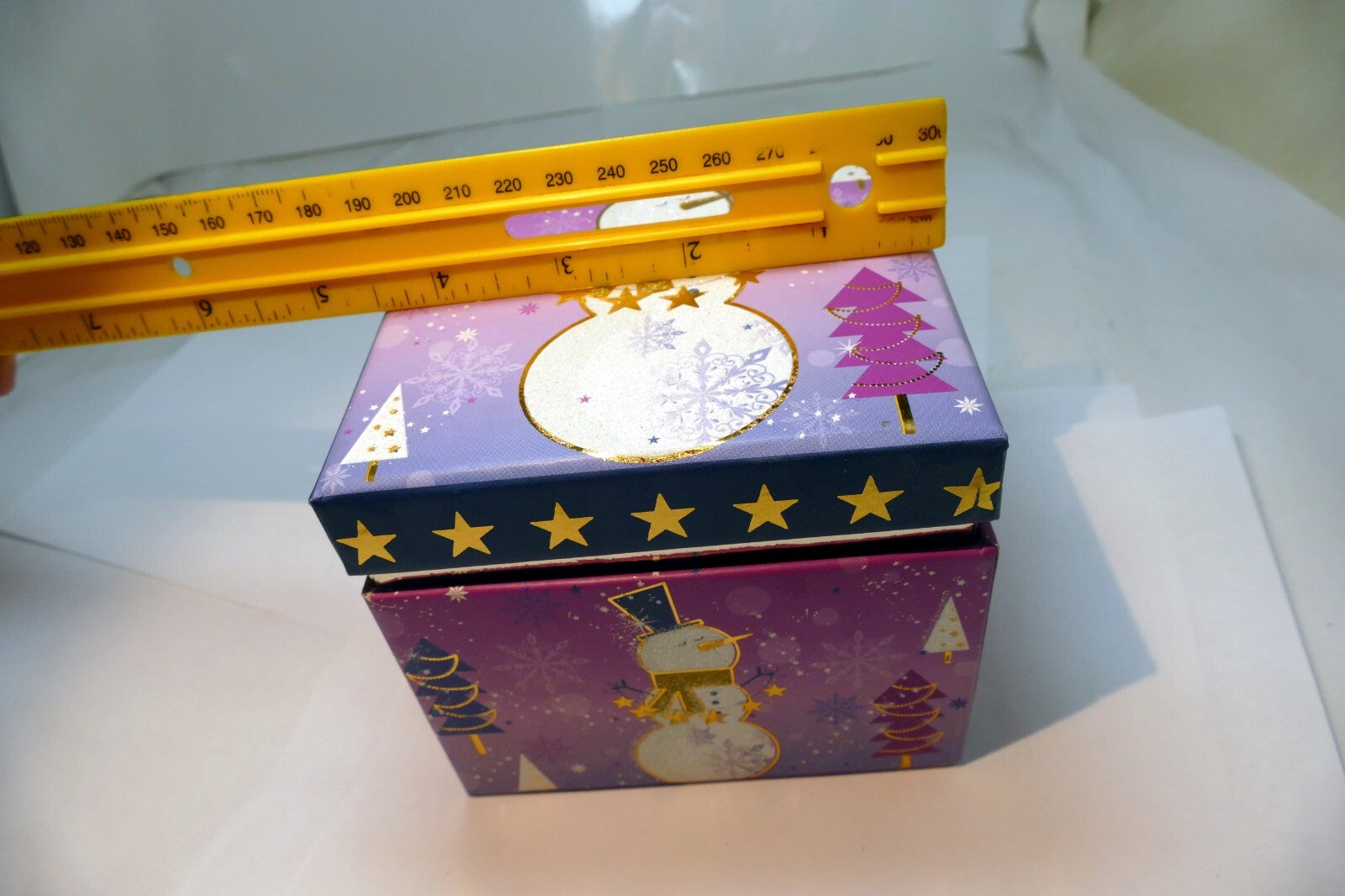 Empty Merry Christmas Snowman w/ Stars Cardboard Box Snow Forest purple gifts
