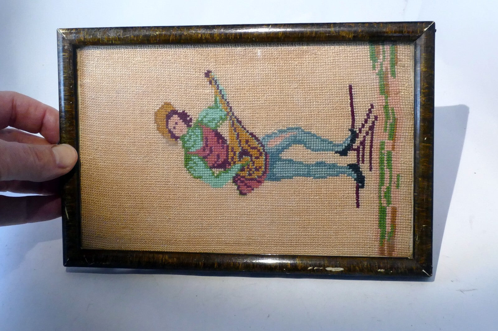 5X7" Vintage Man Playing Guitar Finished & Framed  Needlepoint