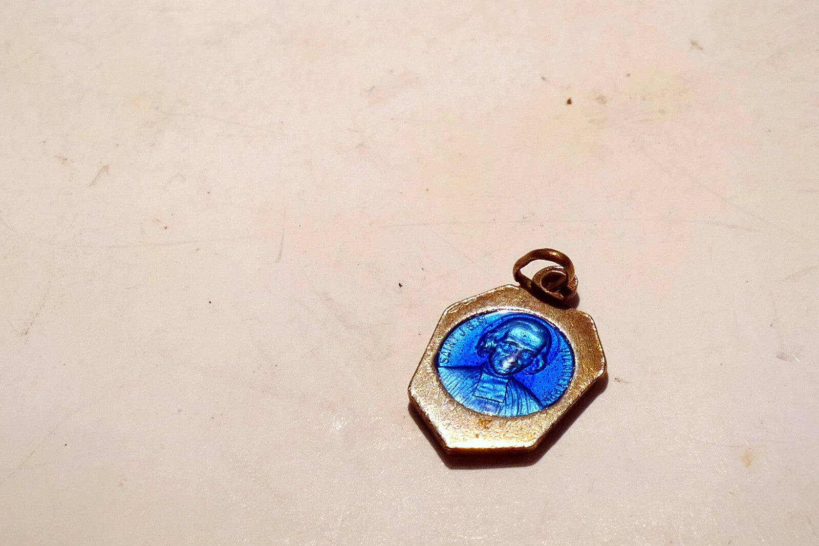 Virgin Mary Christ Pendant Charm Saint J.B. M. Vianney cure d'Ars Blue Enemeled