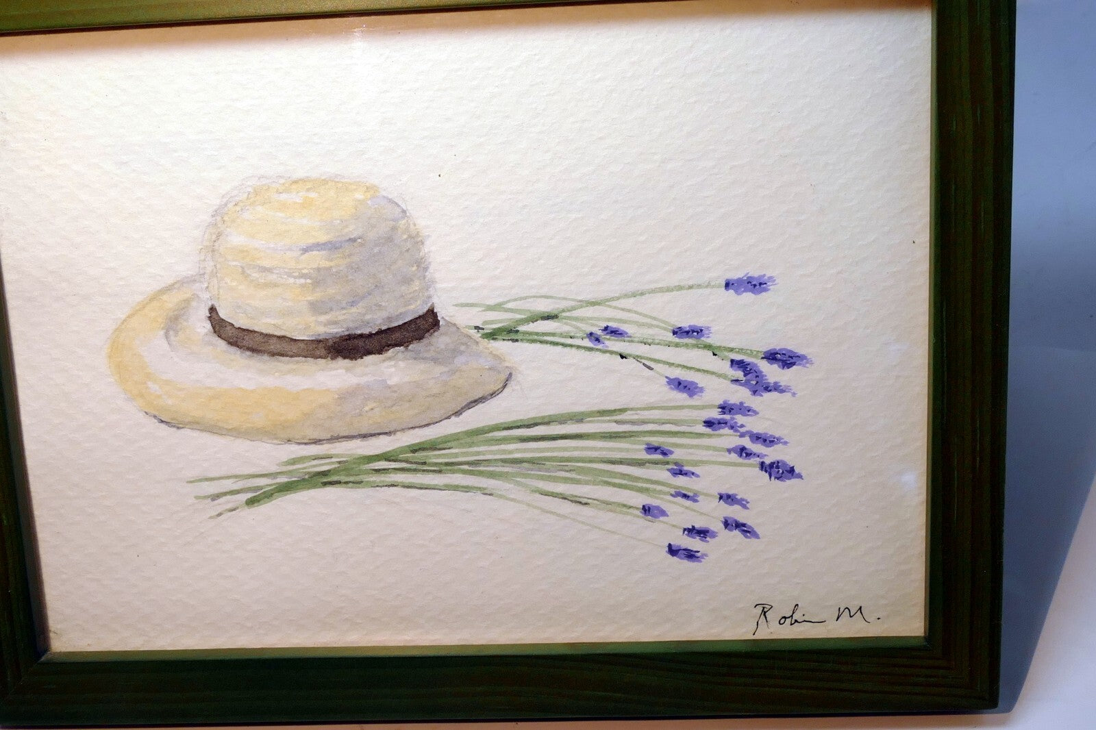 Watercolor painting straw hat with lavender signed by robin m.