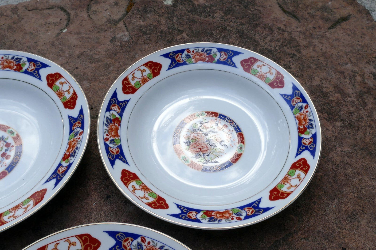 5 TTC China 8" Round SOUP Plate Gold trim TTN1 Red-Blue Floral made in Japan