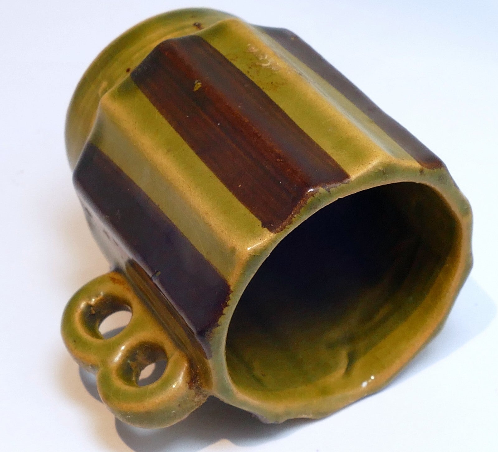 Green japanese stacking double handled coffee/tea cup lines small 2" green brown