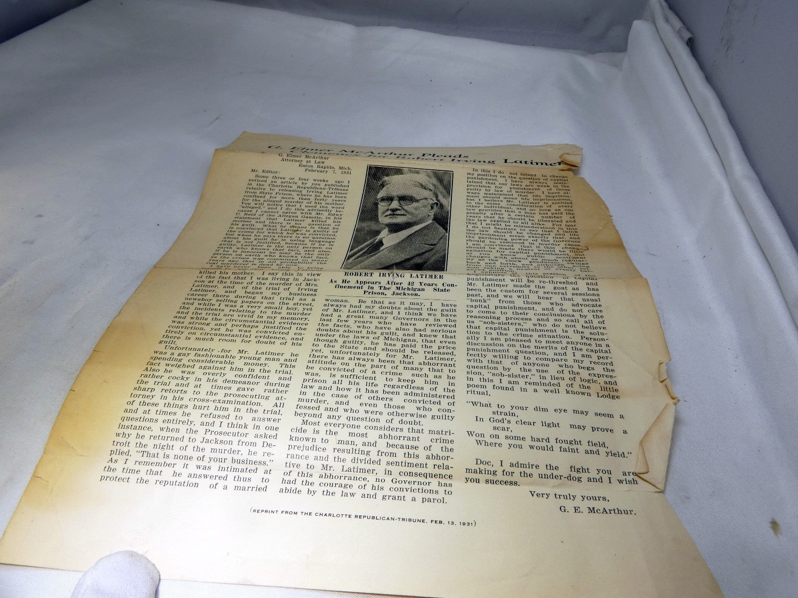 Newspaper Clippings G. Elmer McArthur Pleads Clemency for Robert Irving Matimer