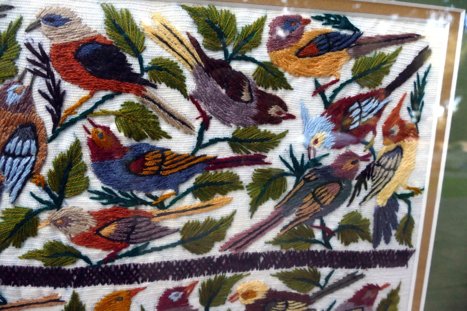 Large Bird Finch Cardinal Cross Stitch Needle Point Folk Art 15X15" Framed