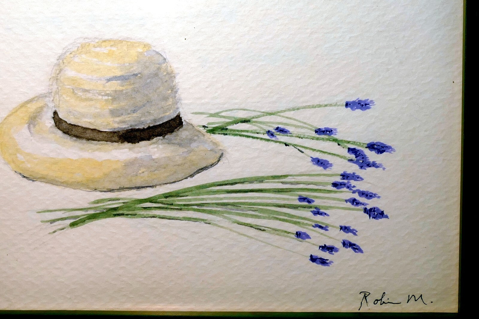 watercolor painting Straw Hat with Lavender Signed By Robin M.