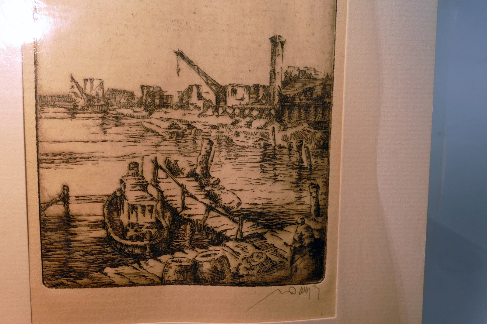 " San Francisco Bay"  Hand Signed Etching 19th century fisherman's wharf 1850's
