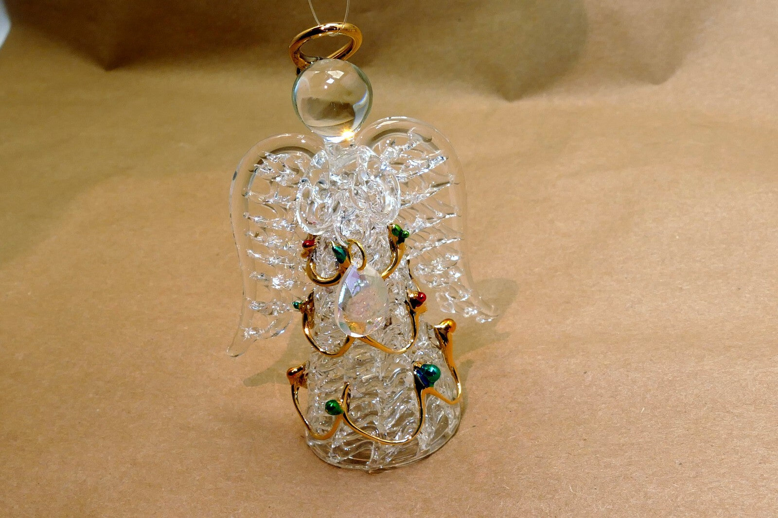 Spun Glass Crystal Christmas Ornament  gold green red hanging 4" tall