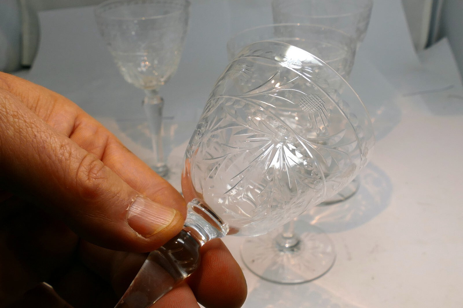 QUEEN'S Anne Lace Bohemian Wine Stem Glass Clear Cut Etched set of 4 Goblets