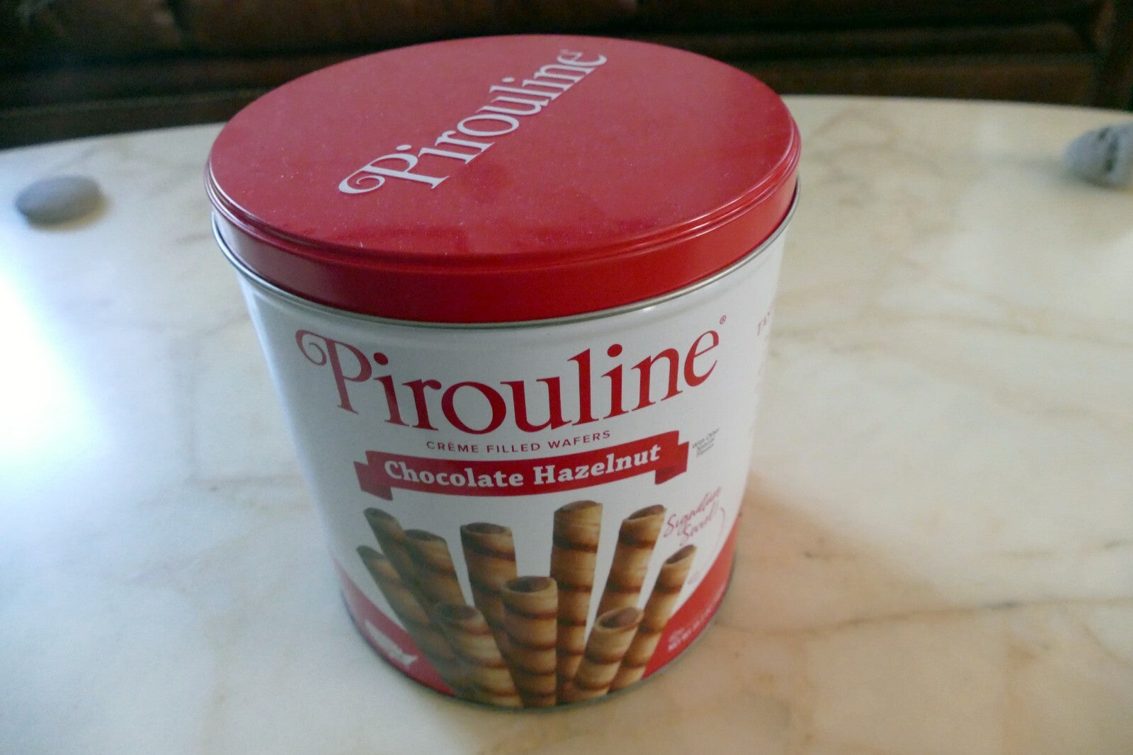Metal Empty Tin/Container Chocolate Hazelnut wafers Pirouline 6X7" 1 gallon