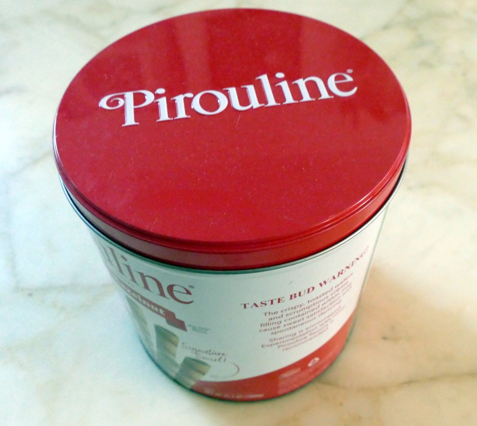 Metal empty tin/container chocolate hazelnut wafers pirouline 6x7" 1 gallon