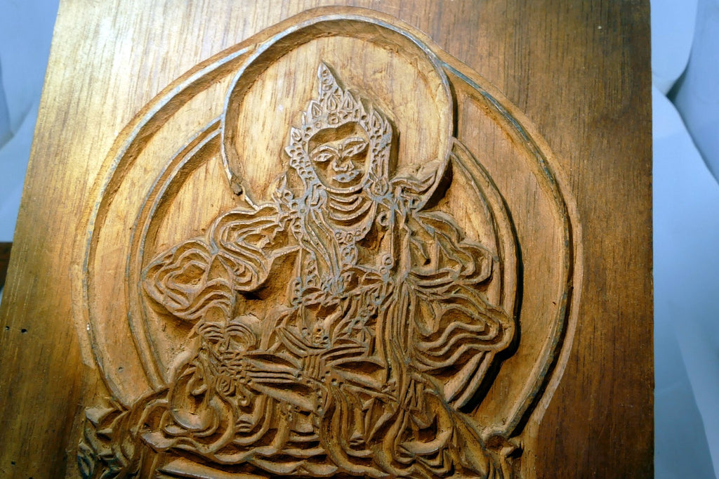 Hand Carved Tibetan Buddhist Wood Block Stamp Nepal Vintage 7X7"