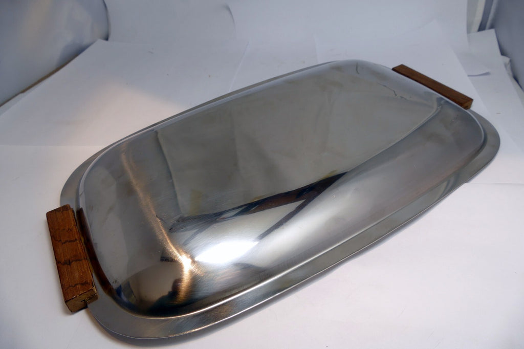 stainless steel rectangle platter serving dish  8X12" w/ wooden handles